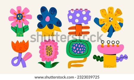 Various abstract Flowers. Set of colorful unique design elements. Sticker, poster, print templates. Hand drawn trendy Vector illustration. All elements are isolated