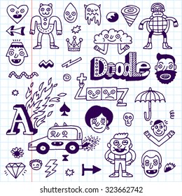 Various Abstract Funny Characters. Wacky Doodle Set 2. Vector Hand Drawn Illustration. School Notebook.