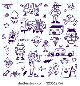 Various Abstract Funny Characters. Wacky Doodle Set 1. Vector Hand Drawn Illustration. School Notebook.