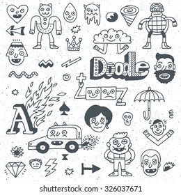Various Abstract Funny Characters. Wacky Doodle Set 2. Vector Hand Drawn Illustration. 
