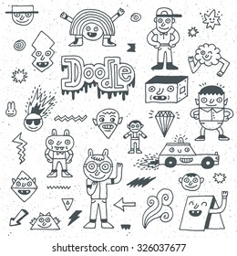 Various Abstract Funny Characters. Wacky Doodle Set 1. Vector Hand Drawn Illustration. 