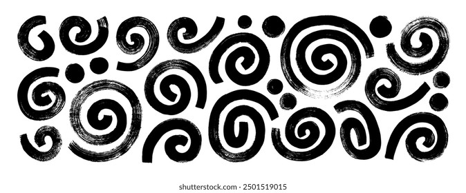 Various abstract geometric brush drawn bold spirals and swirls. Handdrawn circular round forms. Vector thick curved lines. Grunge geometric vector set. Brush drawn naive spiral simple figures.