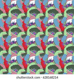 Various abstract hawaiian tropical flowers. Vector multicolored floral seamless pattern.