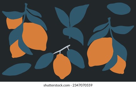 Various abstract Lemon branches. Hand drawn Citrus silhouette set. Botanical elements. Trendy Vector illustration. Vintage lemons design for fabric, decoration, print, wallpaper, icon, logo, wallpaper