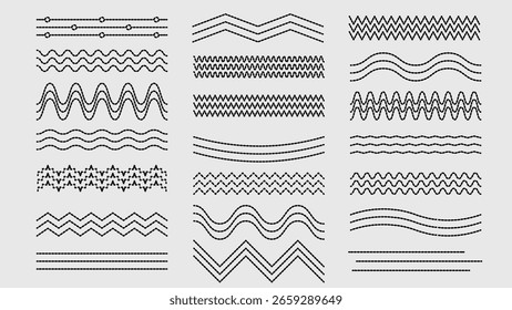 Various abstract lines,waves, dashed, and zigzag elements composed of dots.Vector illustration