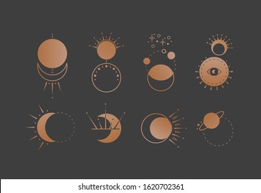 Various Abstract Moon, Crescent, planet, orbit. Cool Vector simple icons, logos. Retro, vintage Boho style. Astrology esoteric concept. Tattoo ideas. Golden gradient color. All elements are isolated