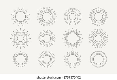 Various Abstract Outline Suns. Different interpretation of Sun rays. Vector set. Elegant thin line style. Astrology esoteric concept. Tattoo or print idea. All elements are isolated.