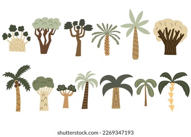 Various abstract palm trees. Low and high trees. Hand drawn colorful vector set. Fashion illustration.