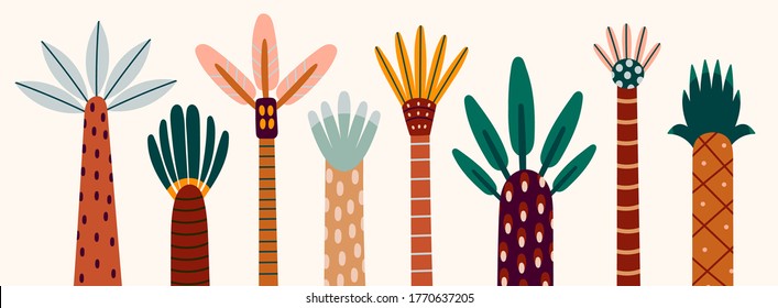 Various abstract Palms. Short and tall trees. Different interpretations of wood and leaves. Hand drawn colorful Vector set. Trendy illustration. Cartoon style, Flat design. Every tree is isolated