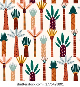 Various abstract Palms. Short and tall trees. Different interpretations of wood and leaves. Hand drawn colorful Vector seamless Pattern. Background. Trendy illustration. Cartoon style, Flat design