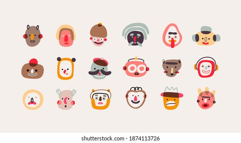 Various abstract People and creatures. Faces, heads. Characters, avatars. Different Icons and logos. Cute hand drawn trendy Vector illustrations. Cartoon style. Flat design. All elements are isolated