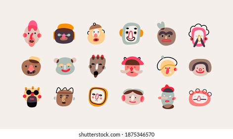 Various abstract People and creatures. Faces, heads. Characters, avatars. Different Icons and logos. Cute hand drawn trendy Vector illustrations. Cartoon style. Flat design. All elements are isolated