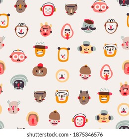 Various abstract People and creatures. Faces, heads. Characters, avatars. Different Icons and logos. Cute hand drawn trendy Vector illustration. Seamless Pattern. Background, wallpaper