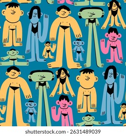 Various abstract People. Cute big, tall, small, short people. Different shapes of bodies, legs, heads. Cartoon style characters. Hand drawn trendy Vector illustration. Square seamless Pattern