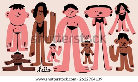 Various abstract People. Cute big, tall, small, short people. Different shapes of bodies, legs, heads. Cartoon style characters. Hand drawn trendy Vector illustration. Isolated design elements
