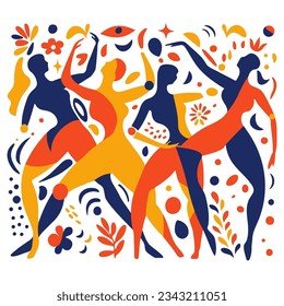 Various abstract people are dancing, background with various elements and figures.