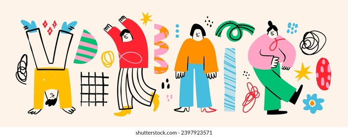 Various abstract People and doodle objects. Young men and women standing together in colorful clothing. Cartoon style characters. Hand drawn trendy Vector illustration. Isolated design elements