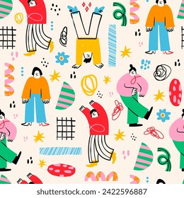 Various abstract People and doodle objects. Young men and women standing together in colorful clothing. Cartoon style characters. Hand drawn trendy Vector illustration. Square seamless Pattern