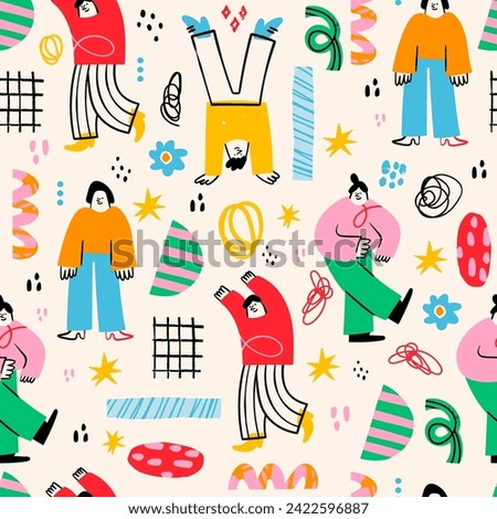 Various abstract People and doodle objects. Young men and women standing together in colorful clothing. Cartoon style characters. Hand drawn trendy Vector illustration. Square seamless Pattern