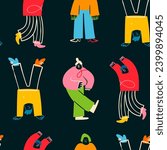 Various abstract People. Young men and women standing together in colorful clothing. Different poses. Cartoon style characters. Hand drawn trendy Vector illustration. Square seamless Pattern