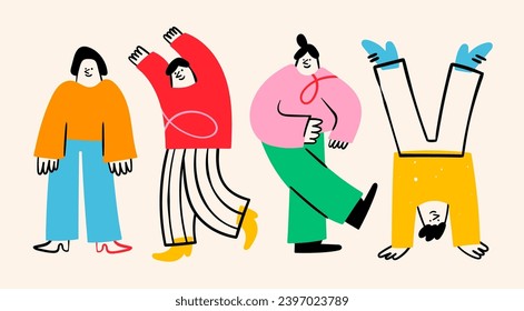Various abstract People. Young men and women standing together in colorful clothing. Different poses. Cartoon style characters. Hand drawn trendy Vector illustration. Isolated design elements