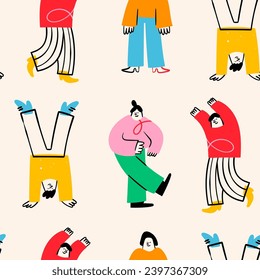 Various abstract People. Young men and women standing together in colorful clothing. Different poses. Cartoon style characters. Hand drawn trendy Vector illustration. Square seamless Pattern