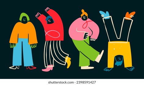 Various abstract People. Young men and women standing together in colorful clothing. Different poses. Cartoon style characters. Hand drawn trendy Vector illustration. Isolated design elements