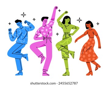 Various abstract People. Young men and women standing together and dancing in colorful clothing. Different poses. Cartoon style characters. Hand drawn trendy Vector illustration. Design elements