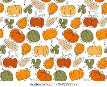 Various abstract Pumpkins seamless Pattern. Thanksgiving halloween Autumn vegetable harvest background. Cute hand drawn doodle Orange yellow pumpkin. Seasonal pattern for cover packaging card