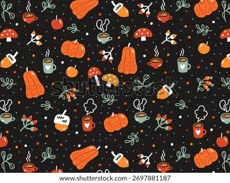 Various abstract Pumpkins seamless Pattern. Thanksgiving halloween Autumn vegetable harvest background. Cute hand drawn doodle Orange yellow pumpkin. Seasonal pattern for cover packaging card