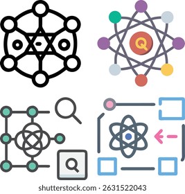 Various abstract representations of scientific concepts including atoms and molecular structures