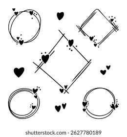 Various abstract shapes with heart motifs are arranged in a playful manner, ideal for enhancing digital and print designs. Perfect for invitations, cards, or artwork.