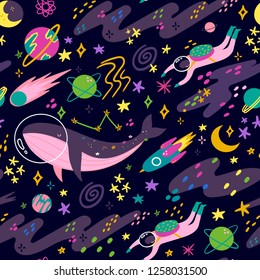 Various abstract space elements. Hand drawn colored vector seamless pattern. Dark background