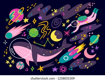 Various abstract space elements. Hand drawn colored vector set. Dark background. All elements are isolated