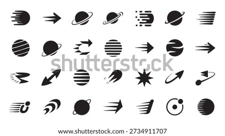 Various abstract space themed icons including planets and arrows in different styles and designs are arranged on a white background symbolizing creativity and modern digital art.