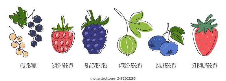 Verschiedene Abstrakte Sommerbeeren Kollektion. Handgezeichnete Doodle-Ikone Blaubeere, Erdbeere, Himbeere, Stachelbeere, Johannisbeere, Brombeere isoliert. Garden Wild Fruit Berry Elemente für Design