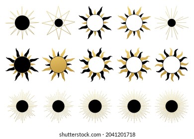 Various abstract sun. Set of boho sun icons. Golden gradient color. Wicca, alchemy, mystical, magic, celestial, esoteric, sacred, spiritual, occultism inspired concept. Hand drawn vector.