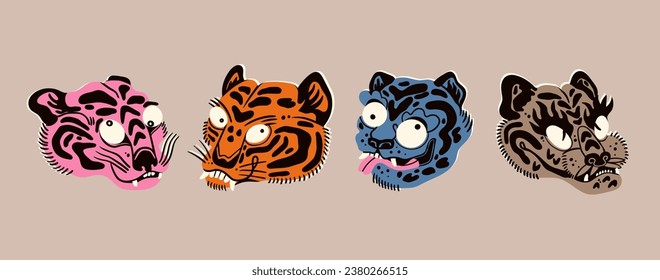 Various abstract Tigers or leopards. Unique, cartoon, quirky style. Hand drawn trendy Vector illustration. Funny characters. Isolated design elements. Poster, print, sticker, tattoo idea templates