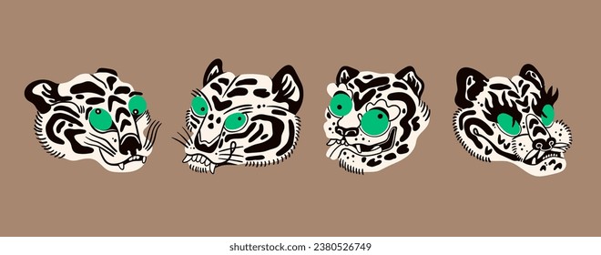 Various abstract Tigers or leopards. Unique, cartoon, quirky style. Hand drawn trendy Vector illustration. Funny characters. Isolated design elements. Poster, print, sticker, tattoo idea templates