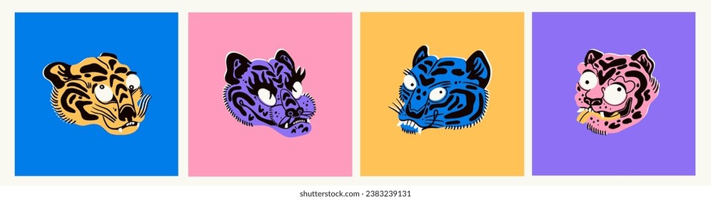 Various abstract Tigers or leopards. Unique, cartoon, quirky style. Hand drawn trendy Vector illustration. Funny characters. Isolated design elements. Poster, print, sticker, tattoo, card templates