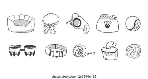 Various accessories and equipment for dogs. All elements are isolated. Trendy vector illustration.