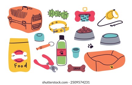 Varios accesorios y equipos para perros. Comida, juguetes, collar, correa, hueso, tazón, silbato. El concepto de una tienda de mascotas o tienda. Iconos coloridos dibujados a mano. Ilustración de matemáticas de moda. Todos los Elementos