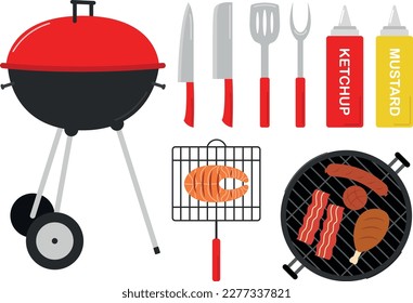 Various accessories and food for barbecue, vector illustration