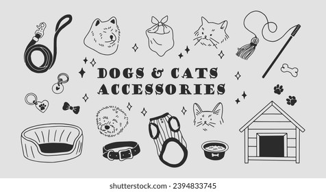 Various accessories for pets. Vector hand drawn linear illustration. All elements are isolated. Cartoone style.