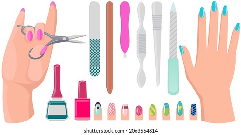 Varios accesorios y herramientas para la manicura. Productos de higiene, productos de manicura. Equipo, tijeras, clavijas, esmalte y lima. Suministros de manicuria para trabajar con uñas y cutículos