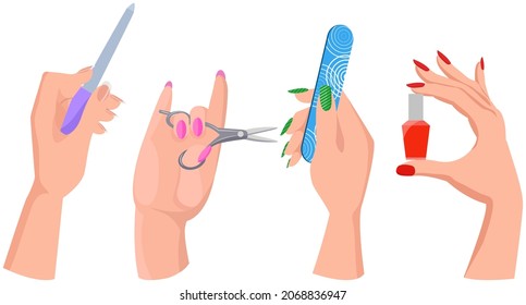 Various accessories and tools for working with hands and nails. Scissors, nail file, polish in woman hands. Hand care products, manicure supplies. Manicurist equipment set vector illustration