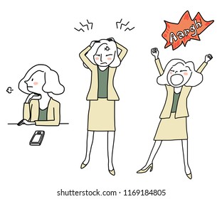 Various action of exhausted businesswoman such as woman screaming Aargh! due to her anger, woman sighing and boring, confused woman scratching her head due to her frustration. Hand-drawn style vector.