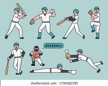 Various actions of baseball player character. flat design style minimal vector illustration.