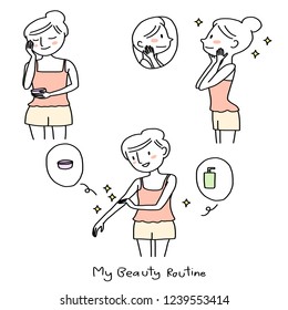 Various actions of cute girl with her beauty treatment such as patting cream to her face, applying skin care and indulging herself with facial and body skincare. Vector illustration with doodle style.