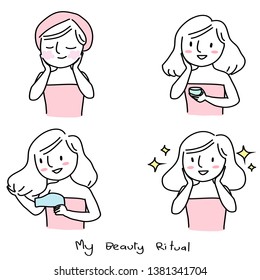 Various actions of cute girl with her beauty ritual such as girl washing face cleaned, applying facial cream and blow drying hair then showing her pretty look. Vector illustration with doodle style.